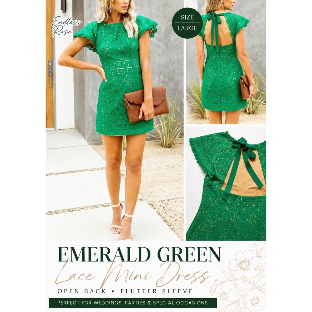 Endless Rose Emerald Green Lace Mini Dress Open Back Flutter Sleeve L Wedding
